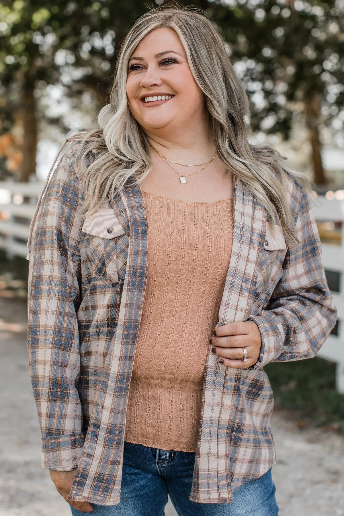 Light Taupe & Navy Hooded Button Top - Shake It Off