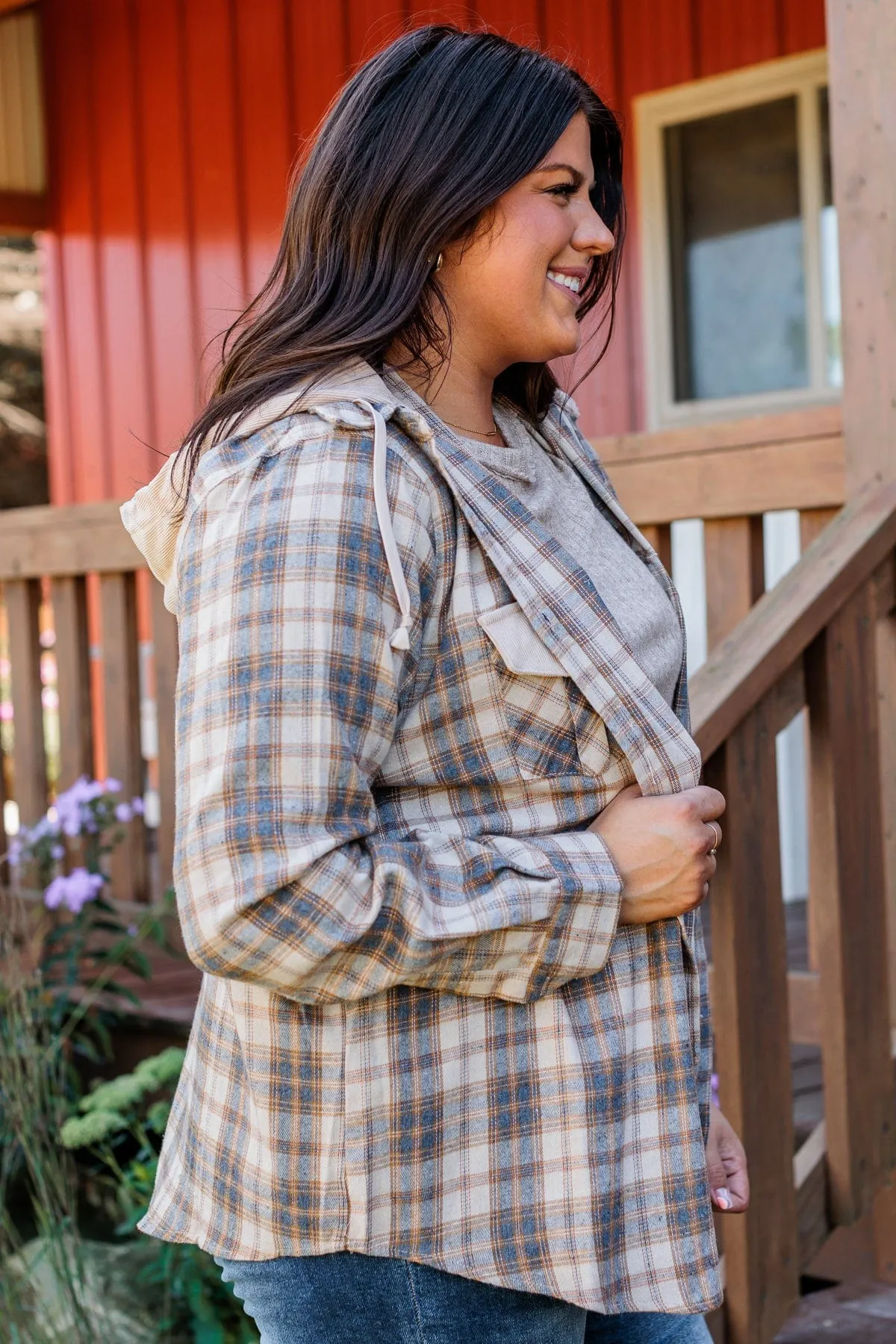 Light Taupe & Navy Hooded Button Top - Shake It Off