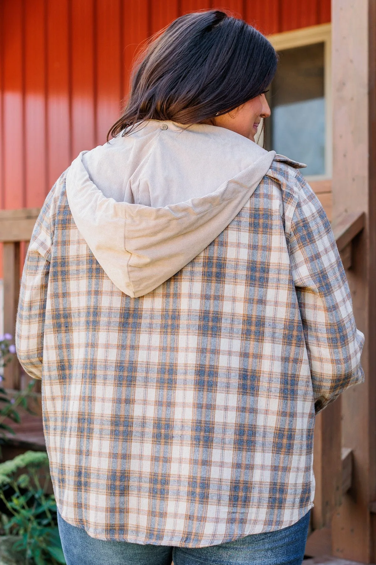 Light Taupe & Navy Hooded Button Top - Shake It Off