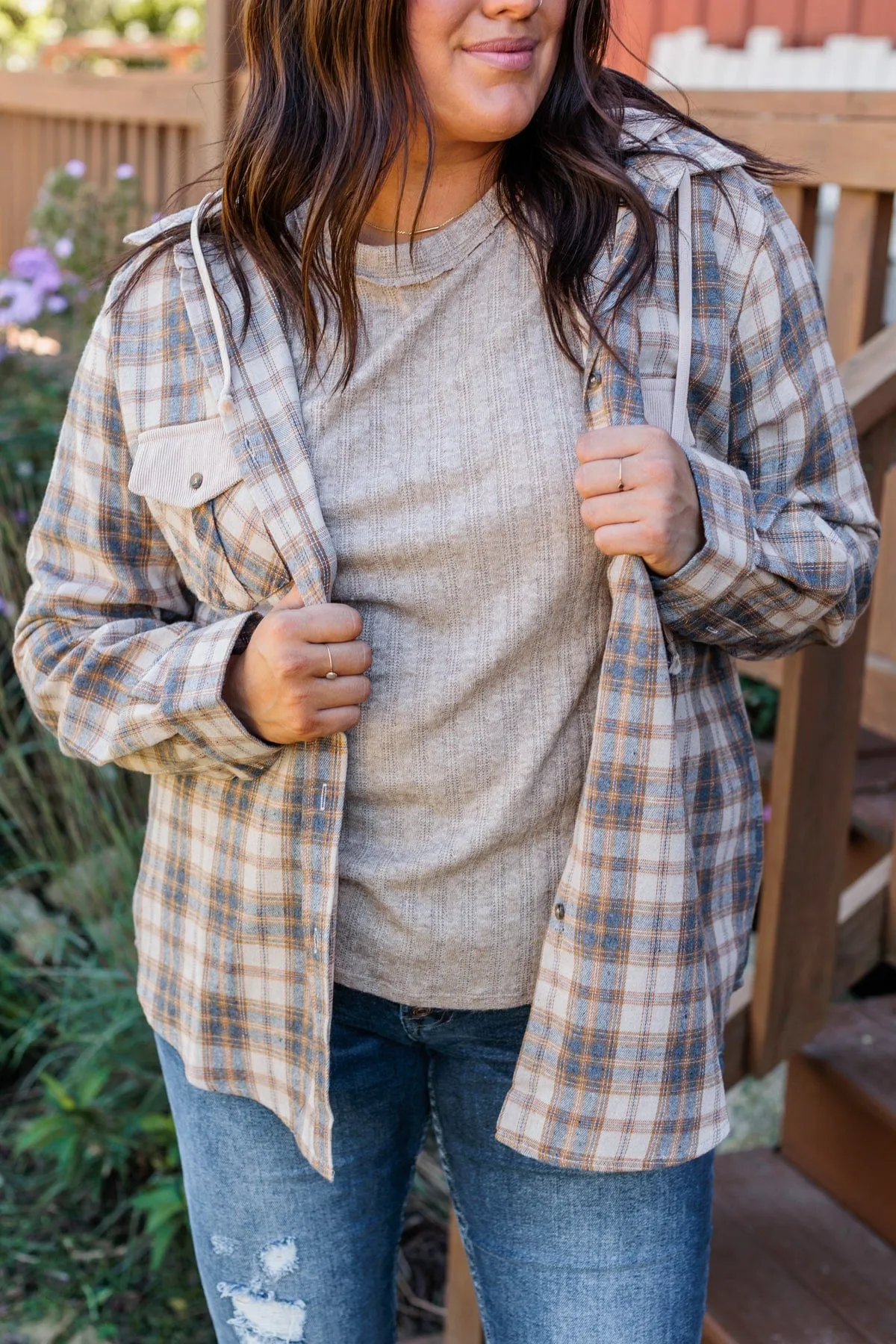 Light Taupe & Navy Hooded Button Top - Shake It Off