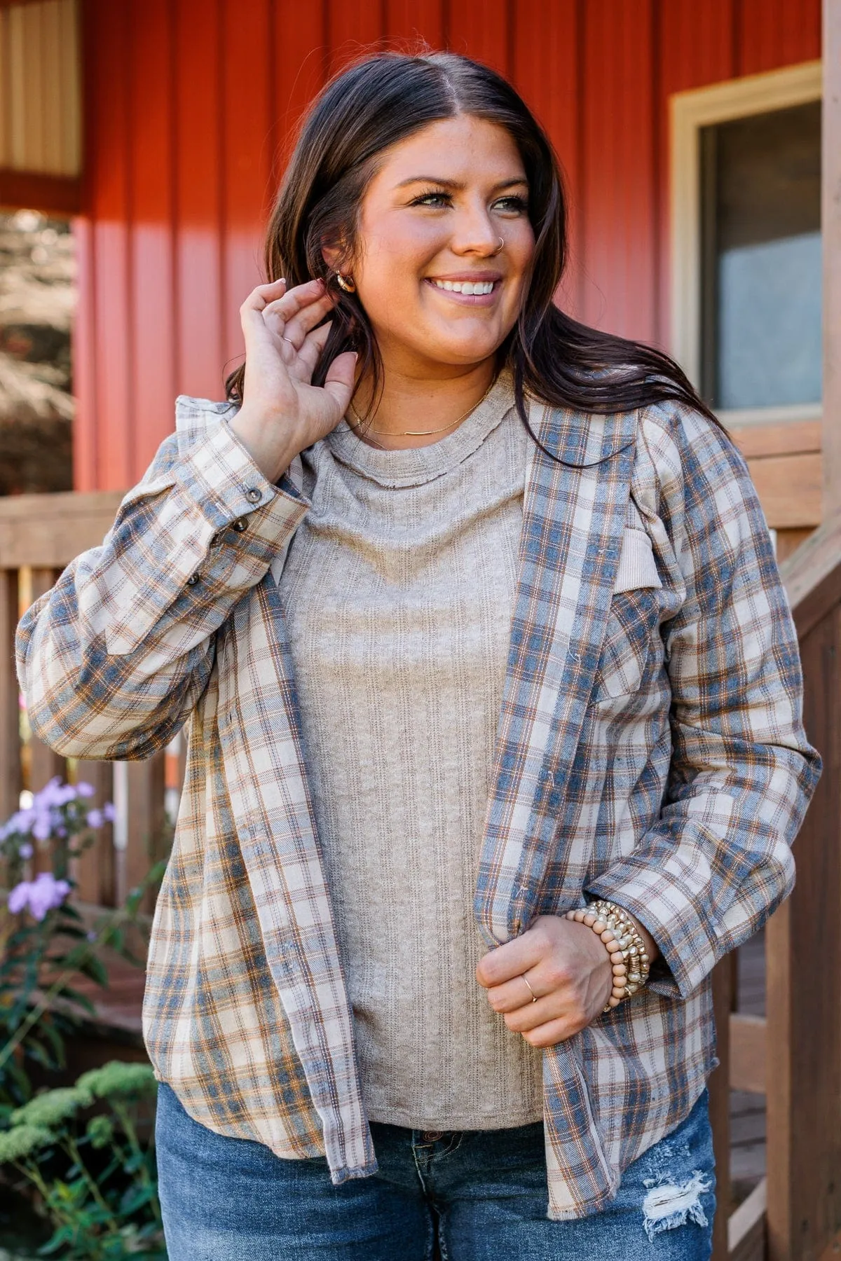 Light Taupe & Navy Hooded Button Top - Shake It Off