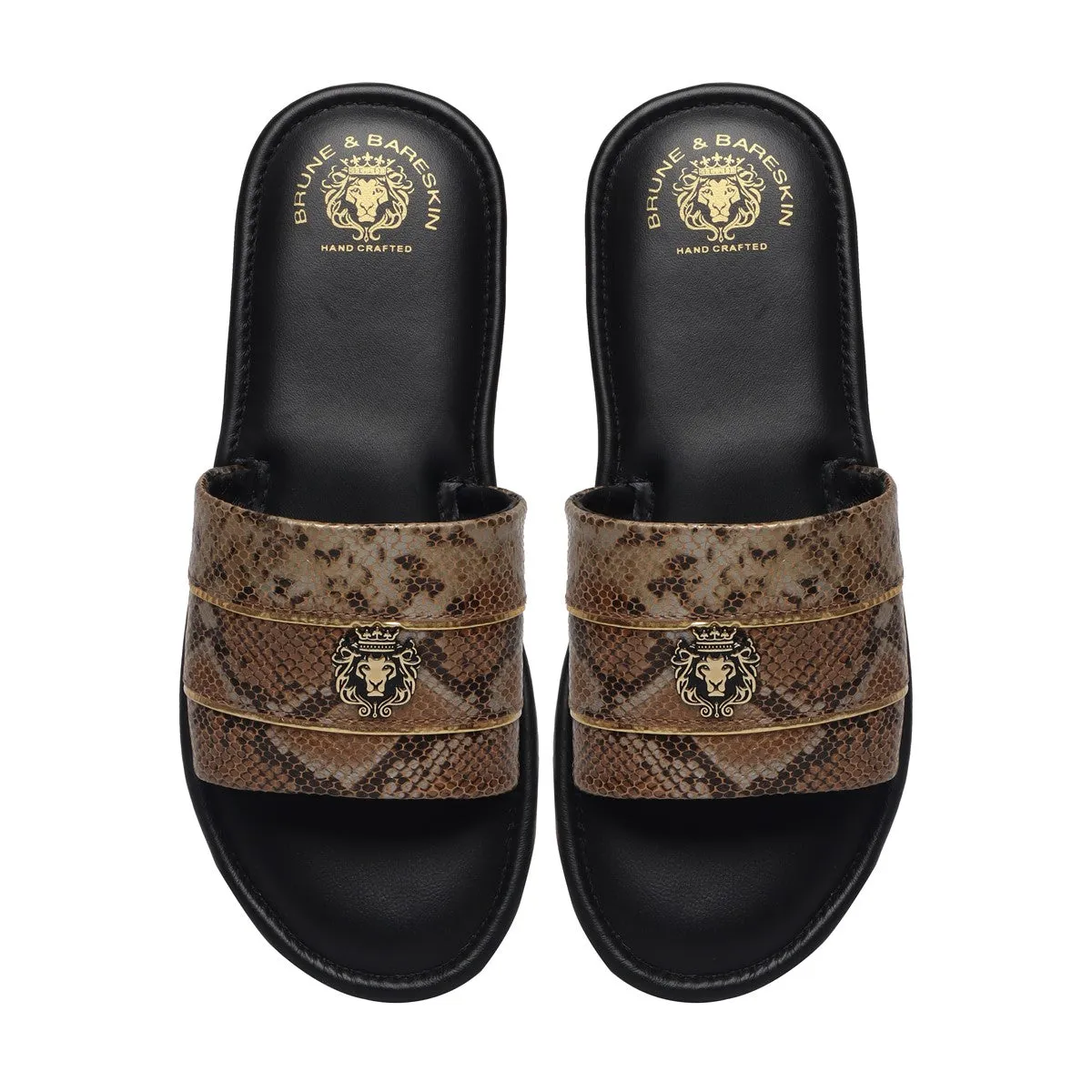 Snake Print Leather With Golden Stripes Slide-In-Slippers by Brune & Bareskin