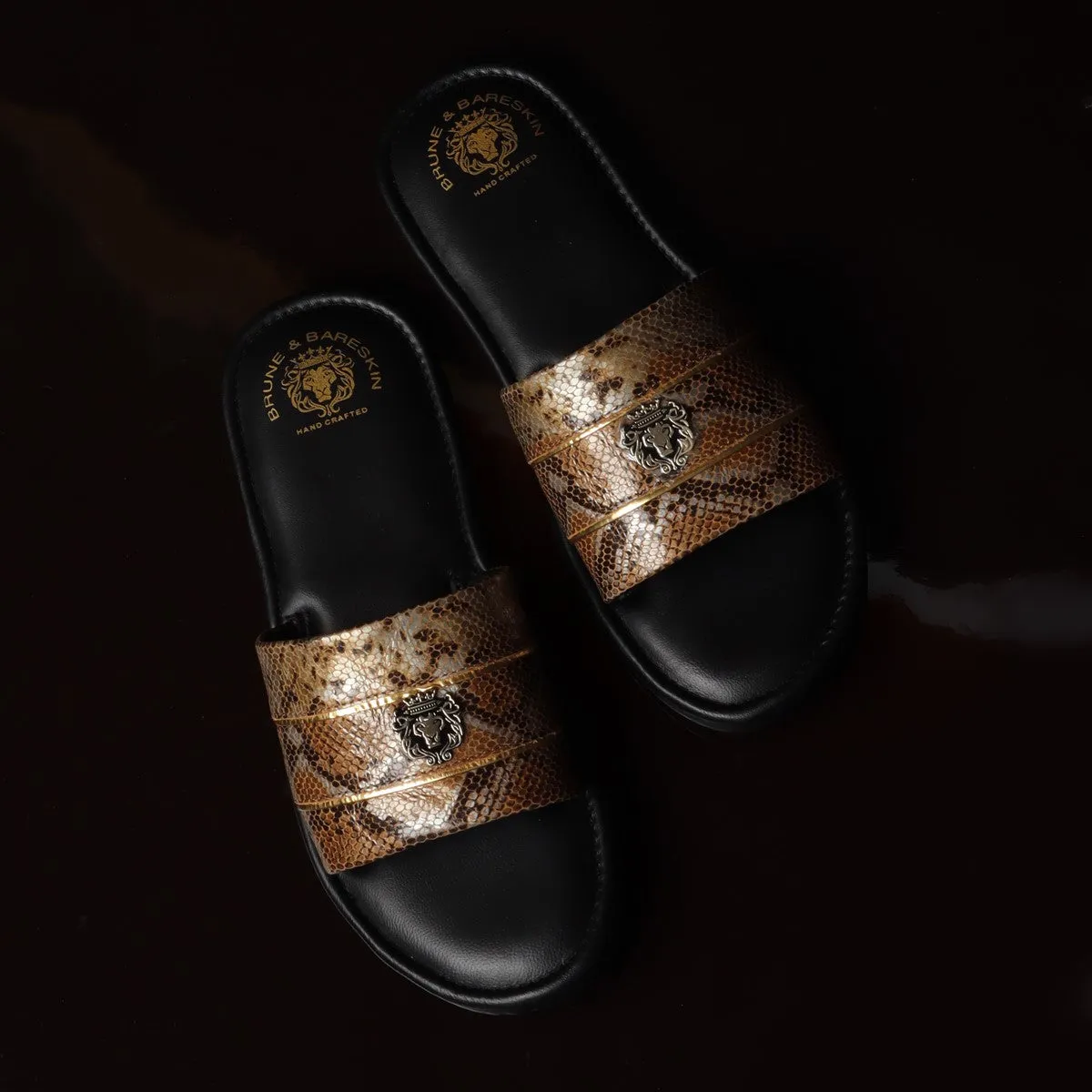 Snake Print Leather With Golden Stripes Slide-In-Slippers by Brune & Bareskin