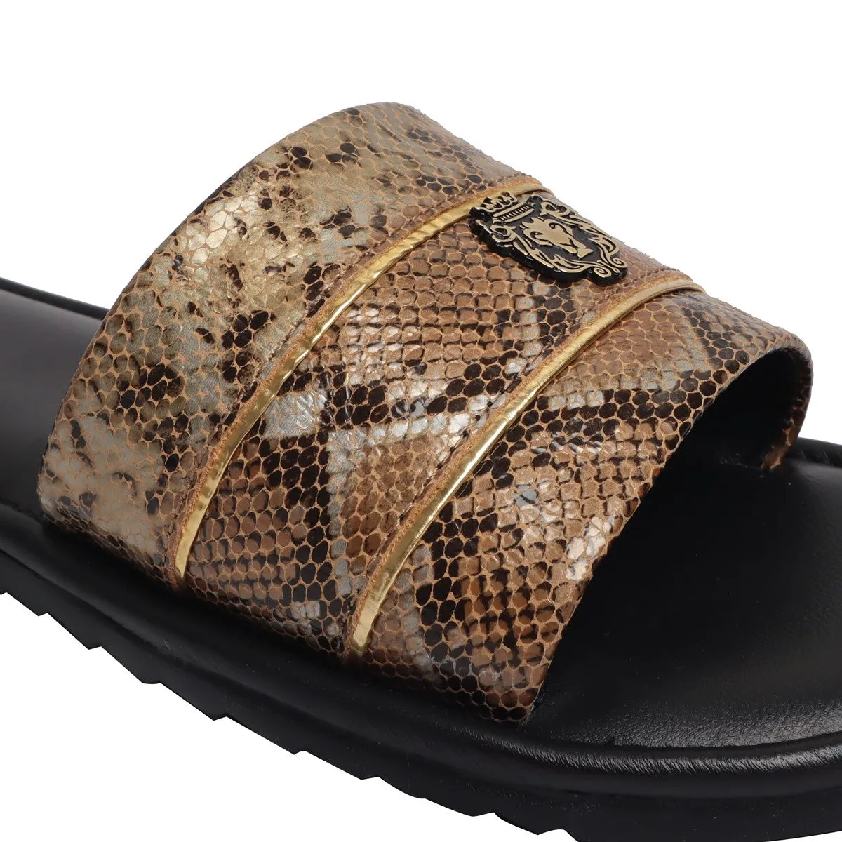 Snake Print Leather With Golden Stripes Slide-In-Slippers by Brune & Bareskin