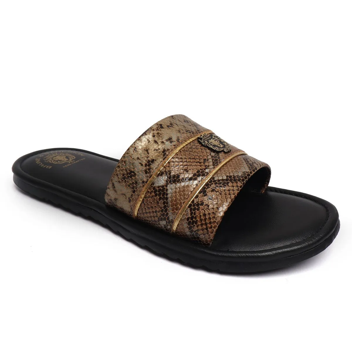 Snake Print Leather With Golden Stripes Slide-In-Slippers by Brune & Bareskin