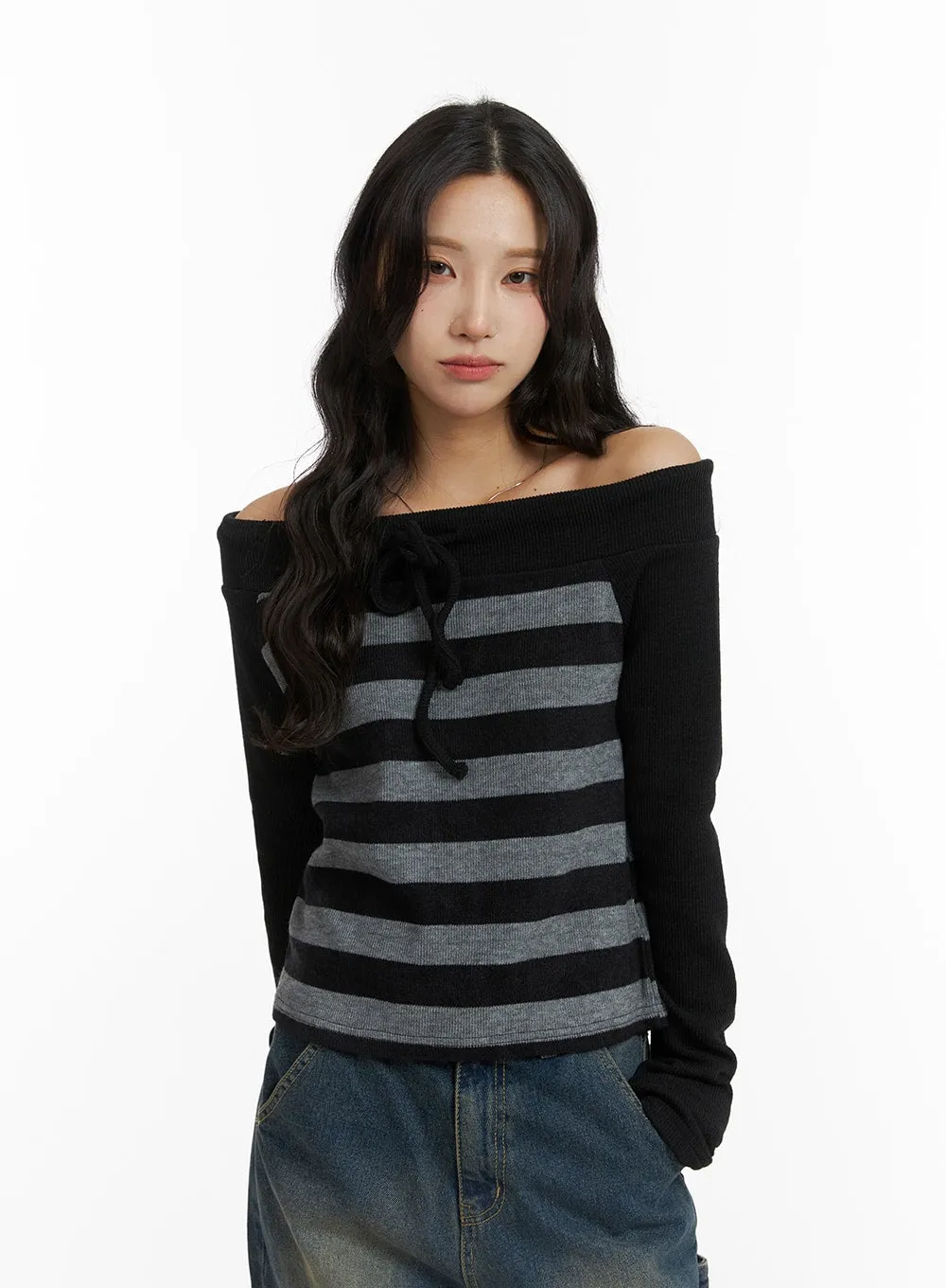 Striped Off-Shoulder Top with Bow Detail - CJ417