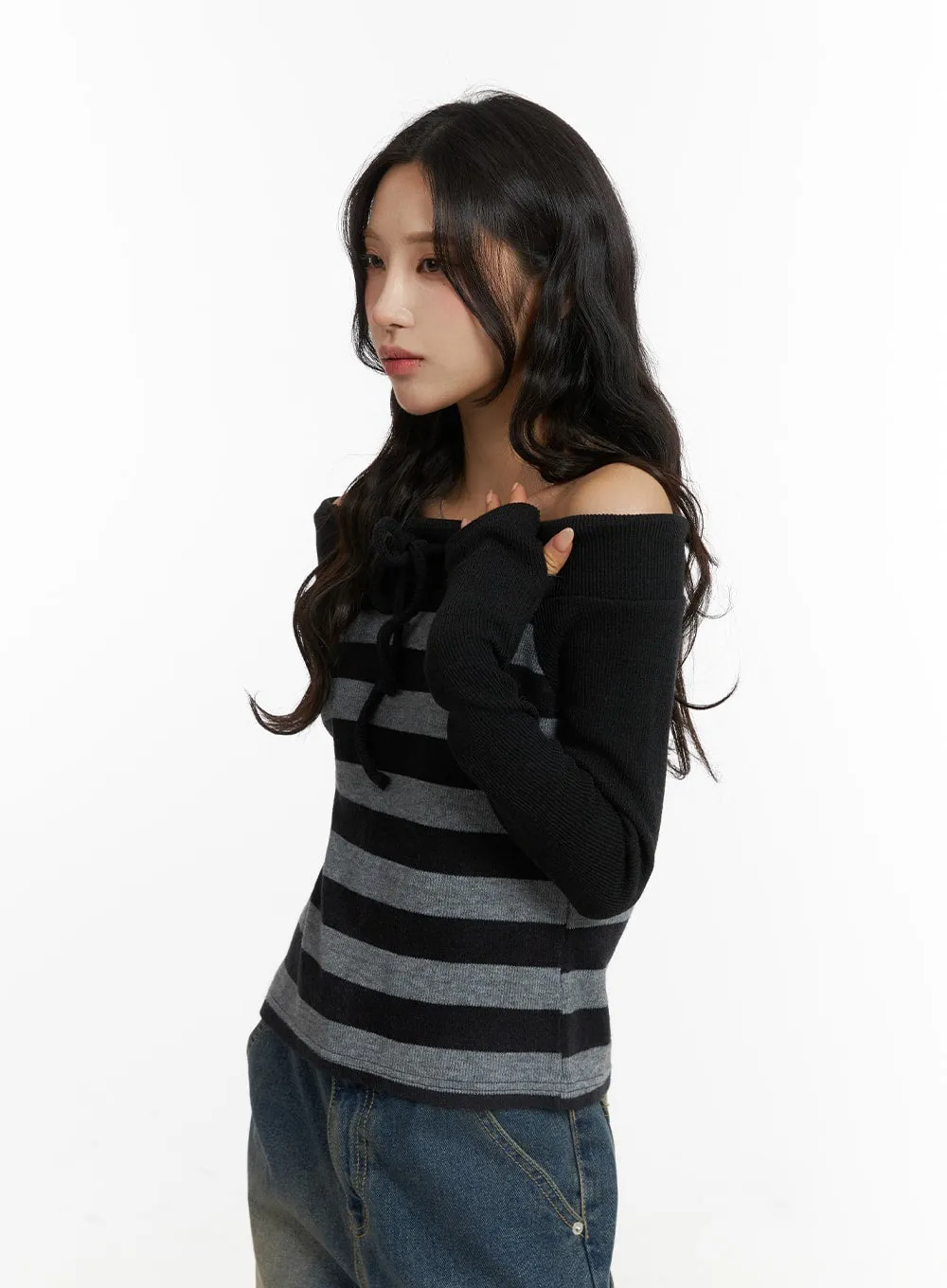 Striped Off-Shoulder Top with Bow Detail - CJ417