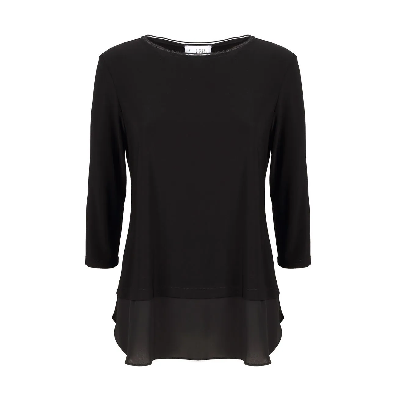 Long sleeve black satin insert women's t-shirt.