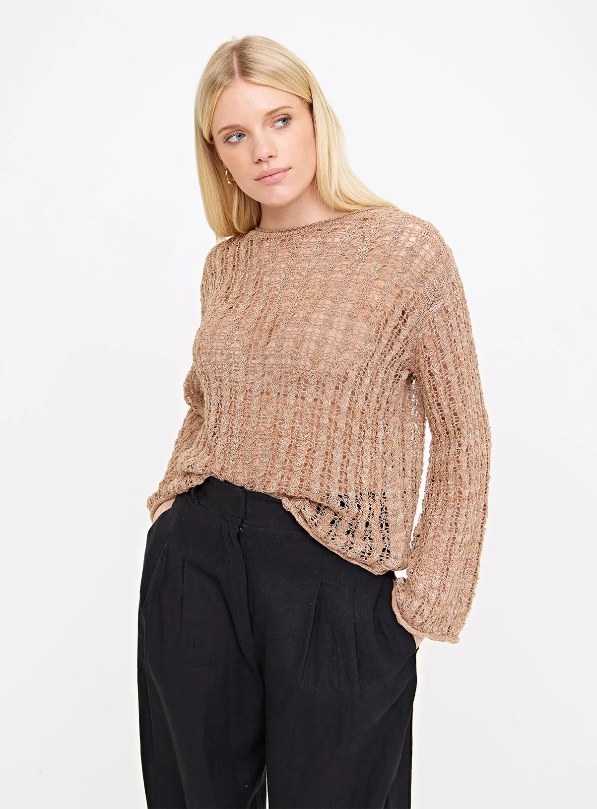 Tan Pointelle Metallic Open Knit Jumper 20 - Shop Jumpers at Tu