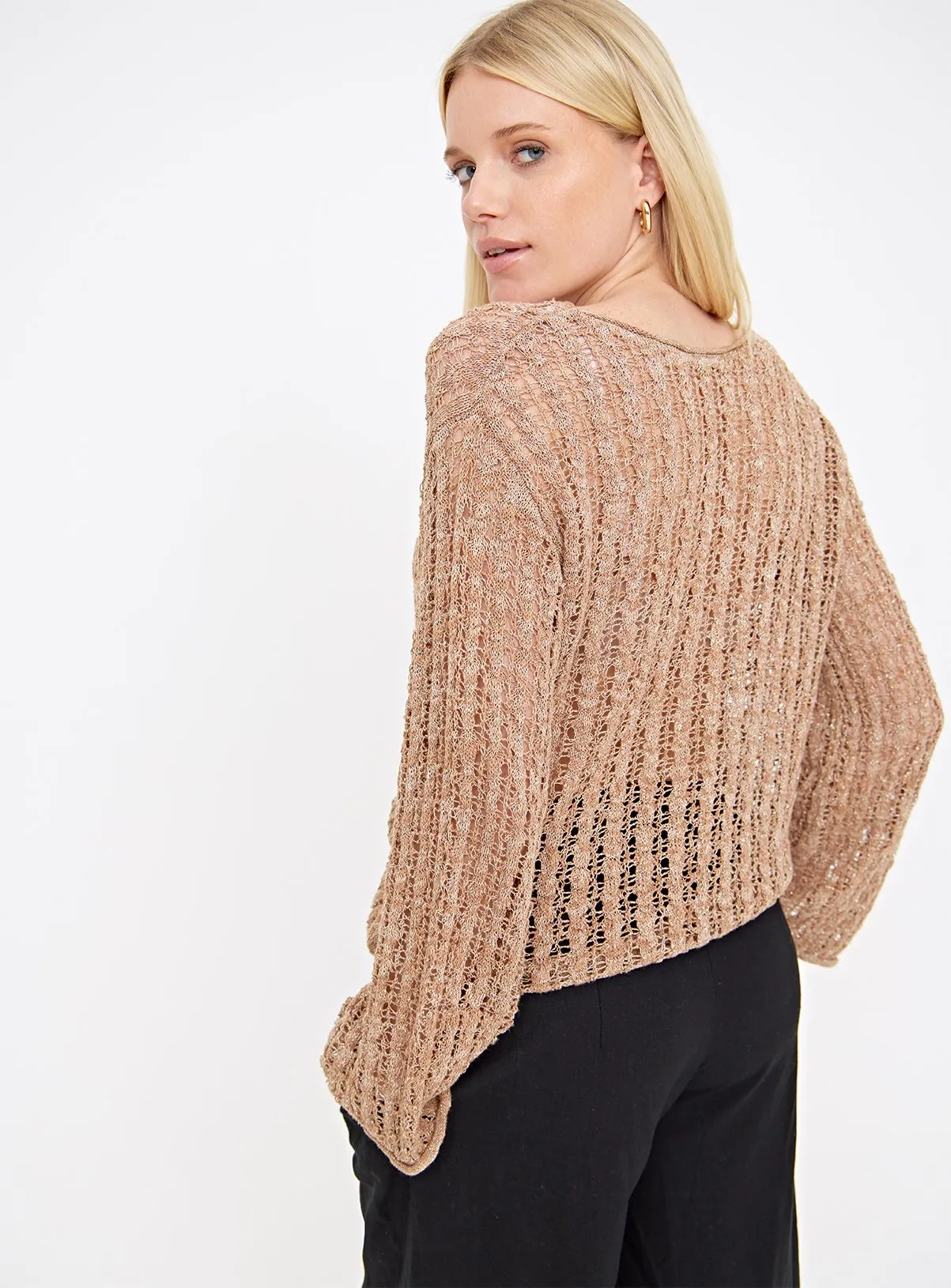 Tan Pointelle Metallic Open Knit Jumper 20 - Shop Jumpers at Tu