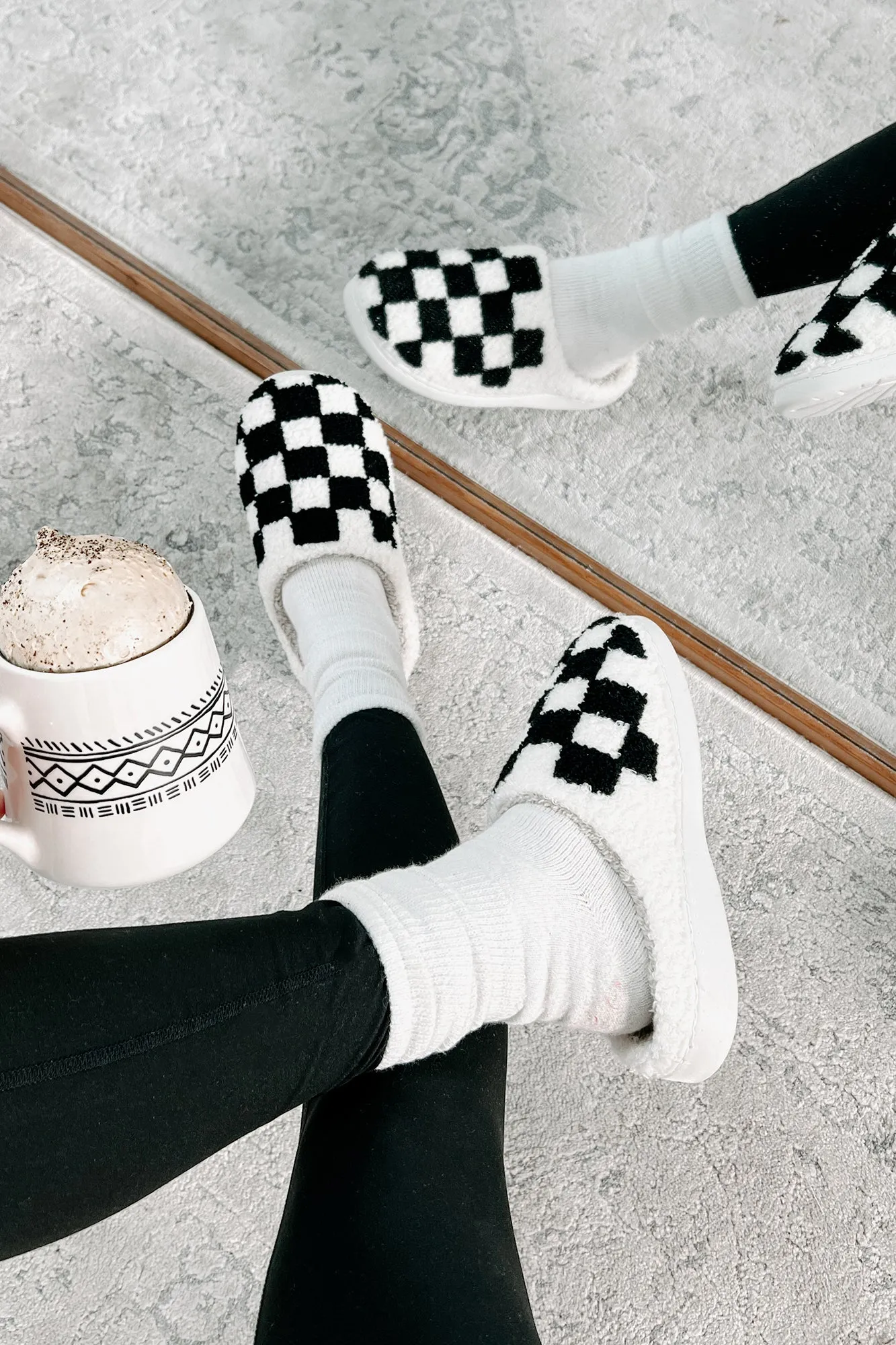 The Cozy Life Fuzzy Checker Slippers (Black/White)