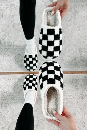 The Cozy Life Fuzzy Checker Slippers (Black/White)