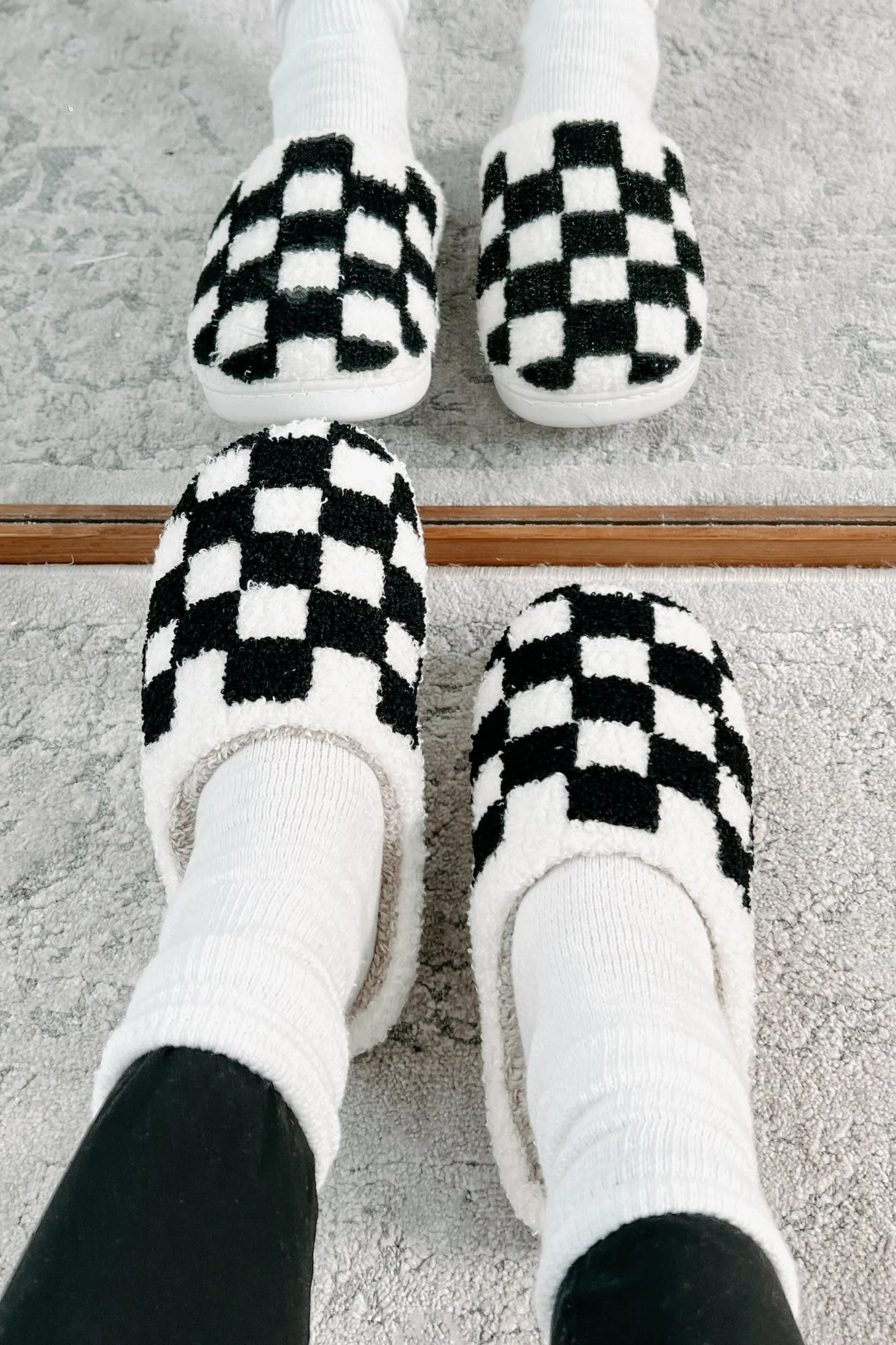 The Cozy Life Fuzzy Checker Slippers (Black/White)