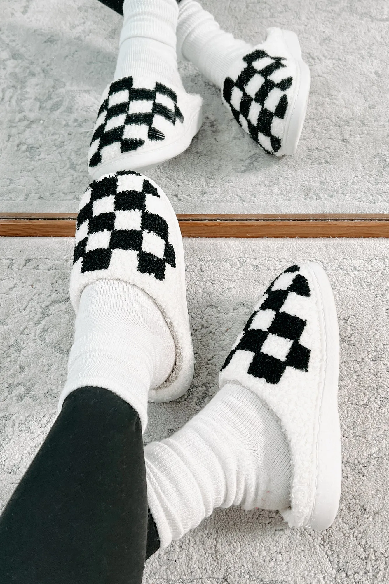 The Cozy Life Fuzzy Checker Slippers (Black/White)