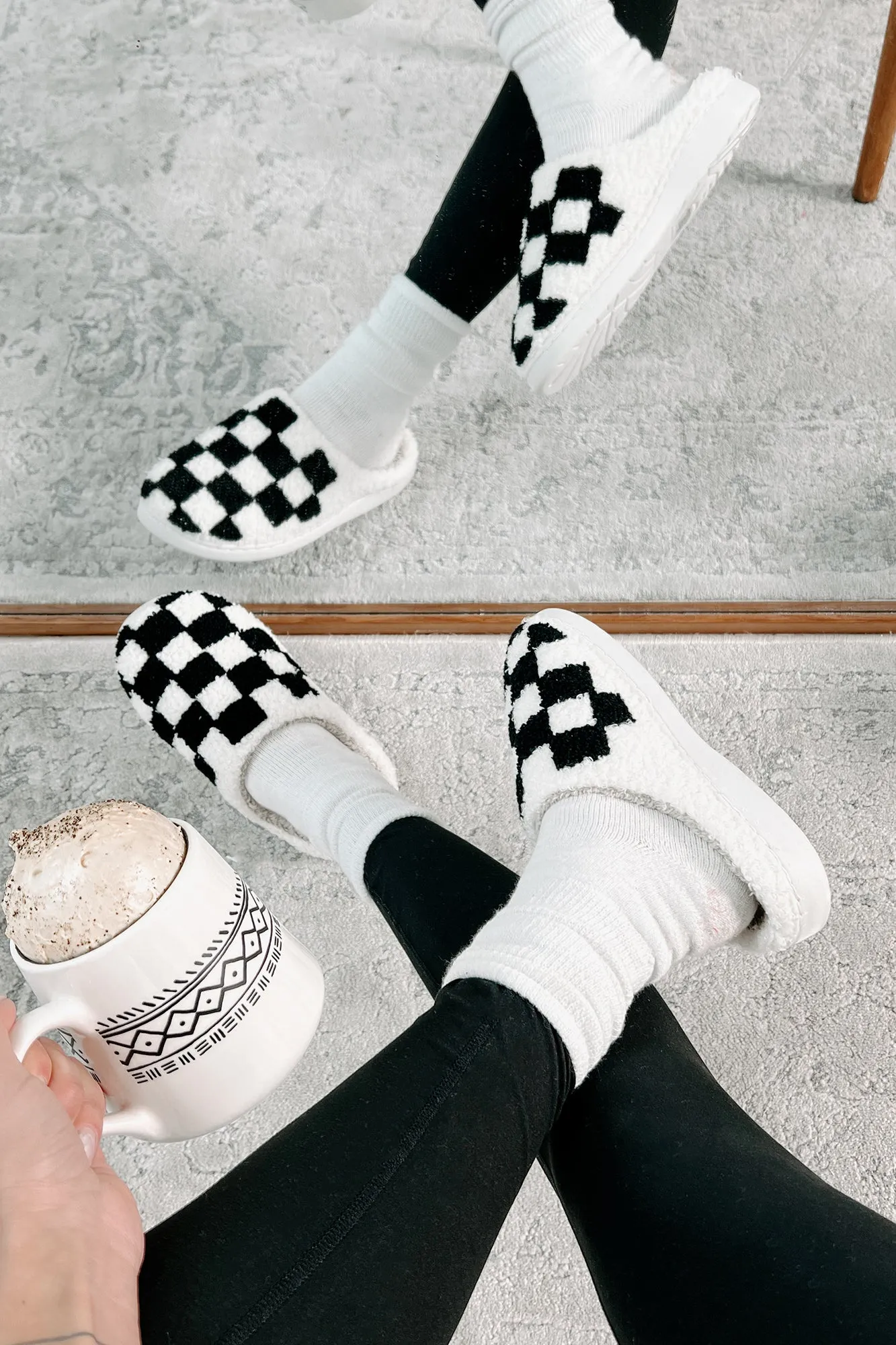 The Cozy Life Fuzzy Checker Slippers (Black/White)