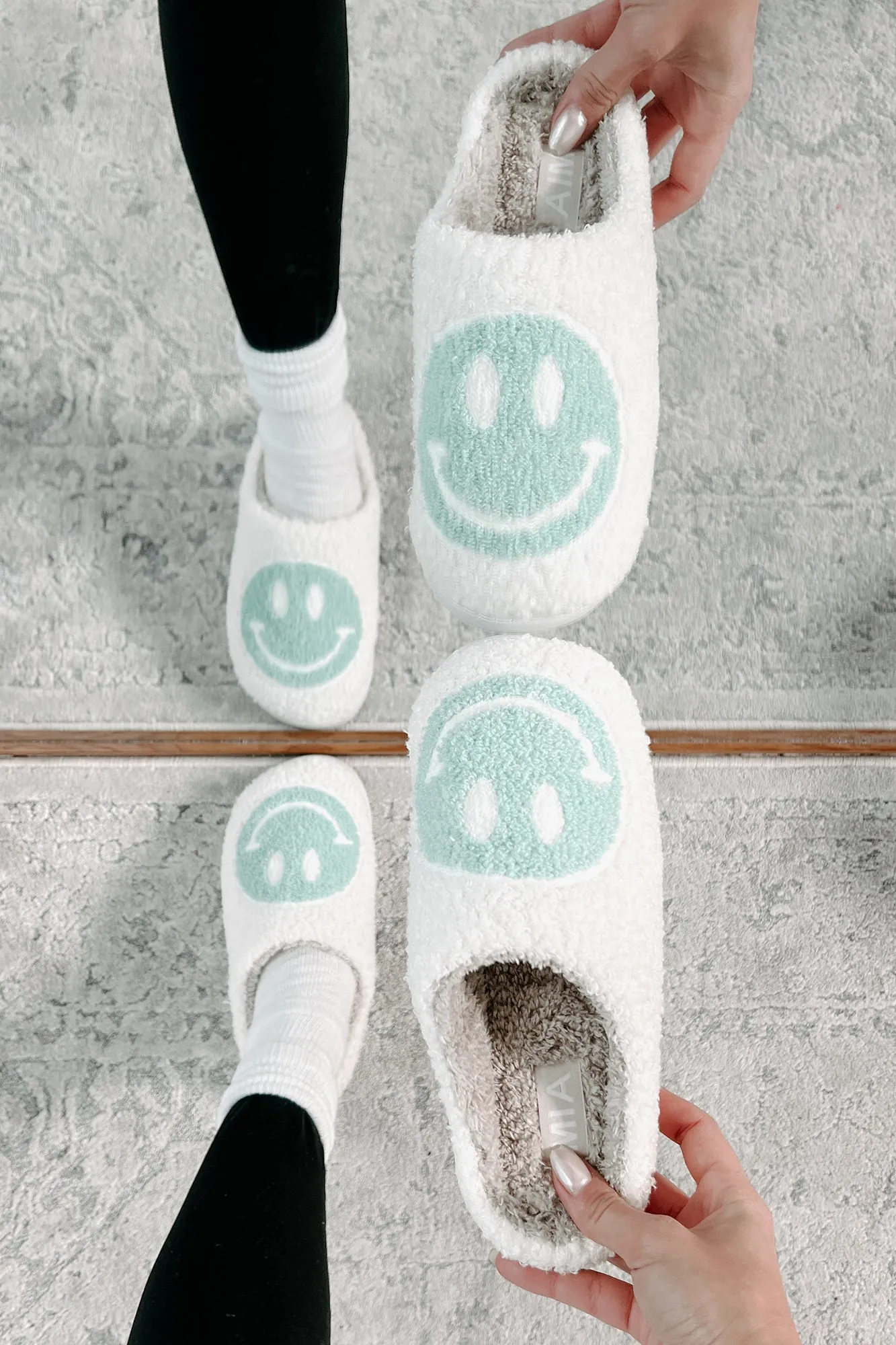 The Cozy Life Fuzzy Happy Face Slippers (Sage/White)