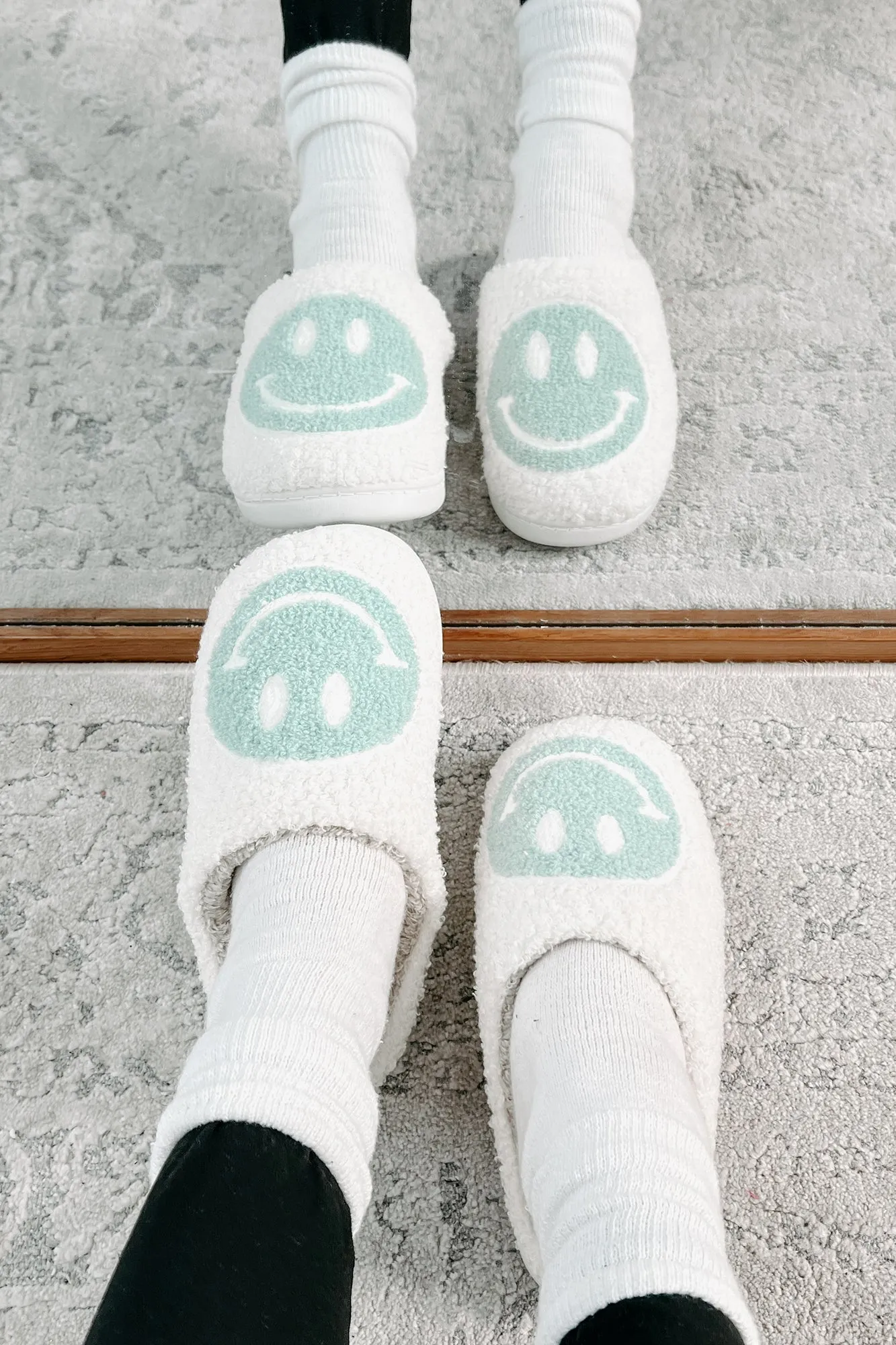 The Cozy Life Fuzzy Happy Face Slippers (Sage/White)