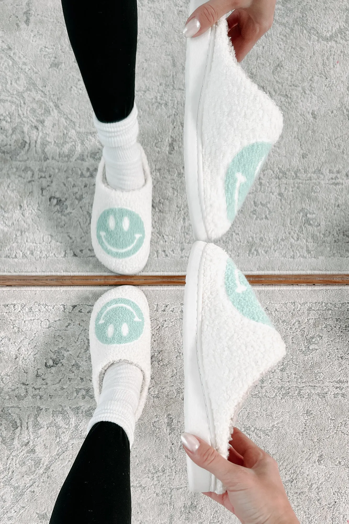 The Cozy Life Fuzzy Happy Face Slippers (Sage/White)