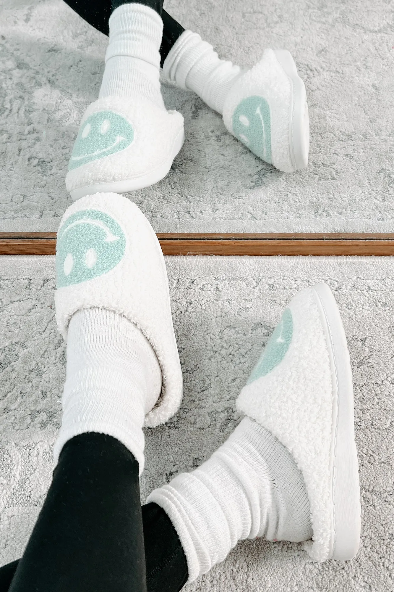 The Cozy Life Fuzzy Happy Face Slippers (Sage/White)