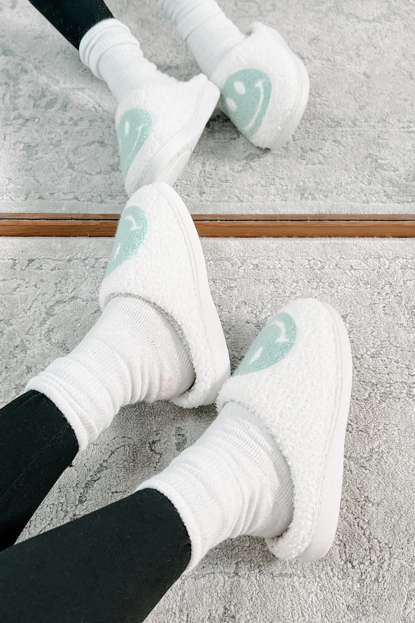 The Cozy Life Fuzzy Happy Face Slippers (Sage/White)