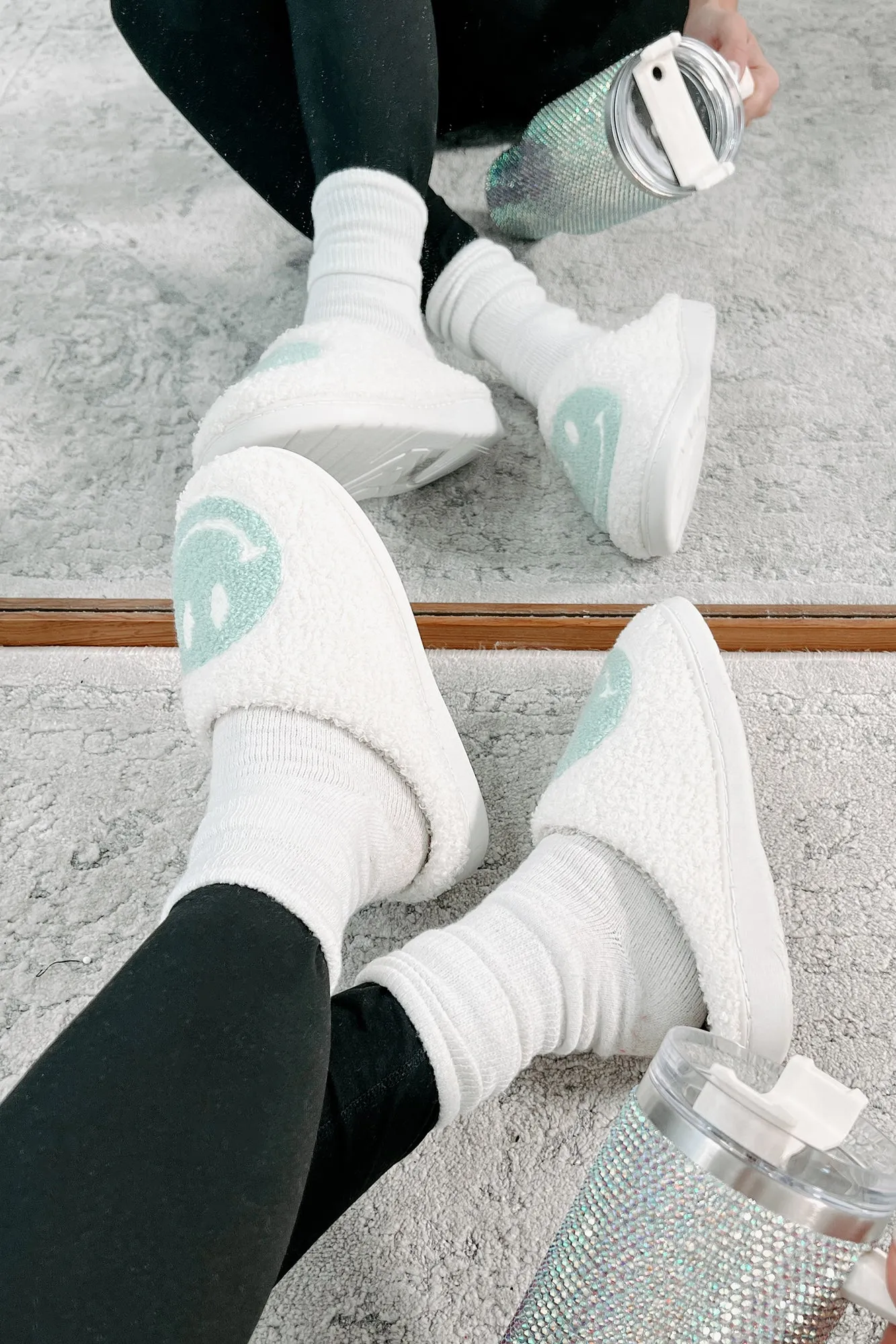 The Cozy Life Fuzzy Happy Face Slippers (Sage/White)