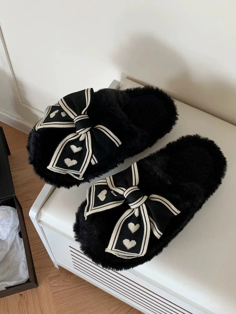 Thin strips 2023 new fashion home bow cotton slippers for women winter warm plush confinement shoes ins