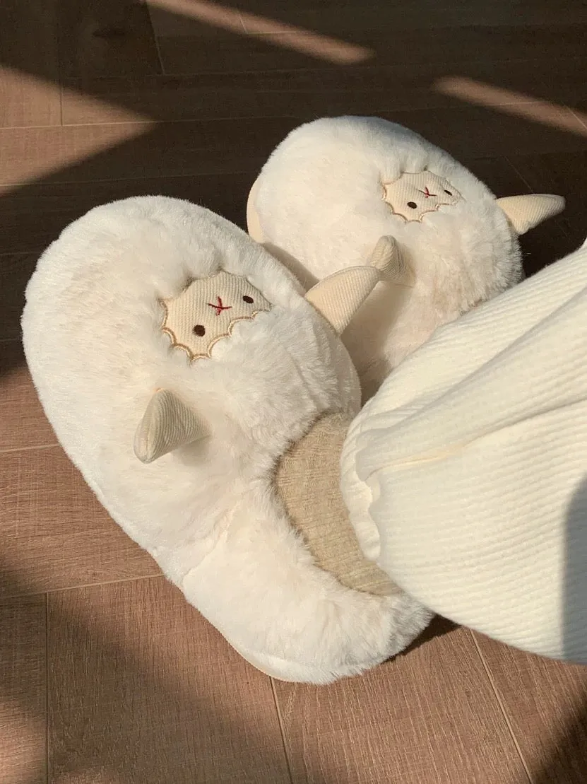 Thin strips couple cute little sheep cotton slippers men and women winter home heel warm non-slip confinement shoes ins