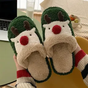 Thin strips cute Christmas elk cotton slippers for women winter ins fashion home non-slip couple fluffy cotton shoes for men