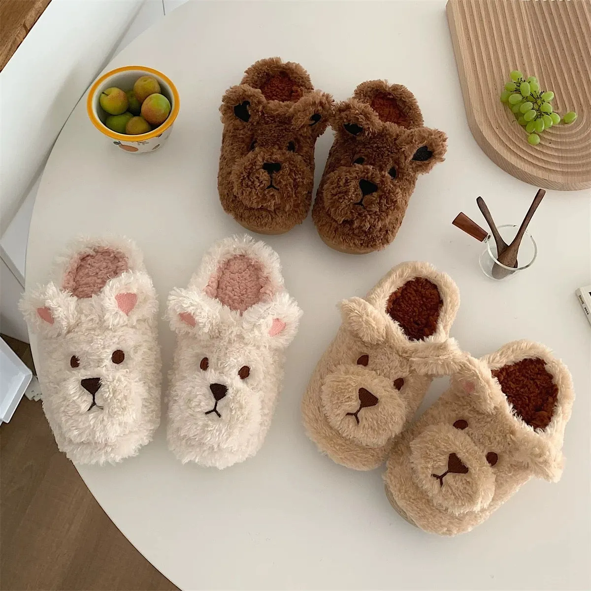 Thin strips girly cute cartoon fluffy cotton slippers for women winter indoor non-slip warm confinement cotton shoes ins