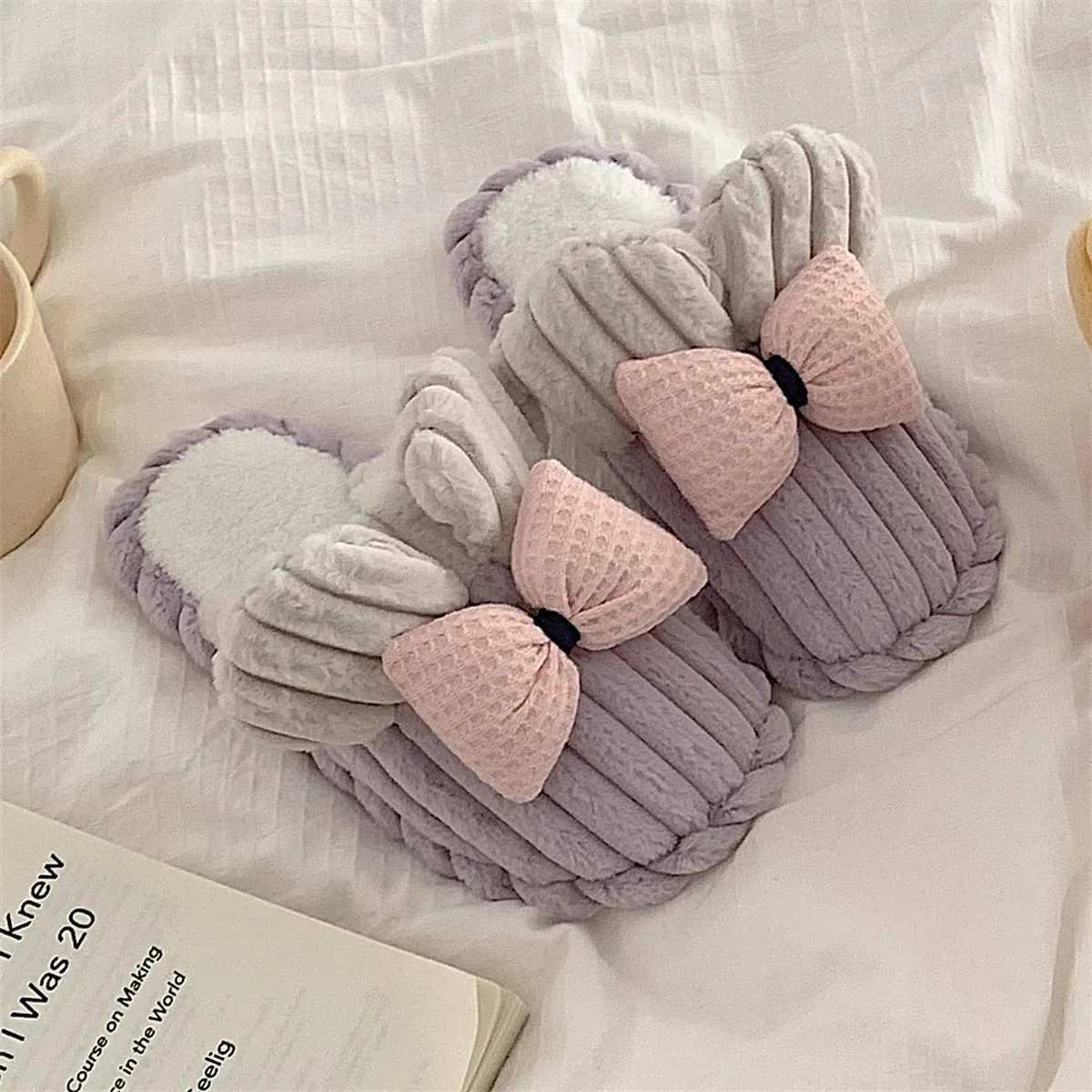 Thin strips girly ins cute bow cotton slippers for women winter internet celebrity fashion home furry confinement shoes