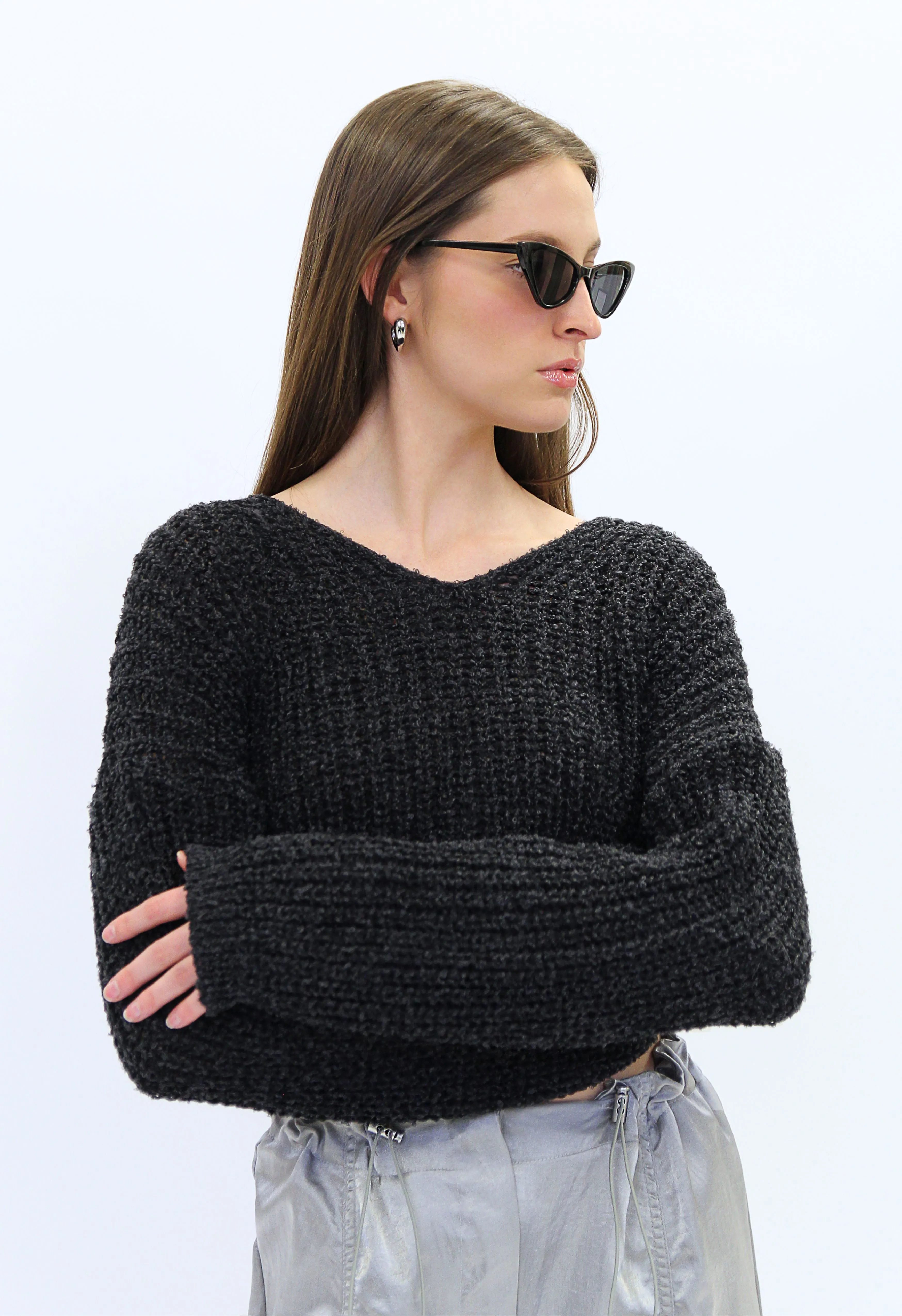 Navy V-Neck Cropped Knit