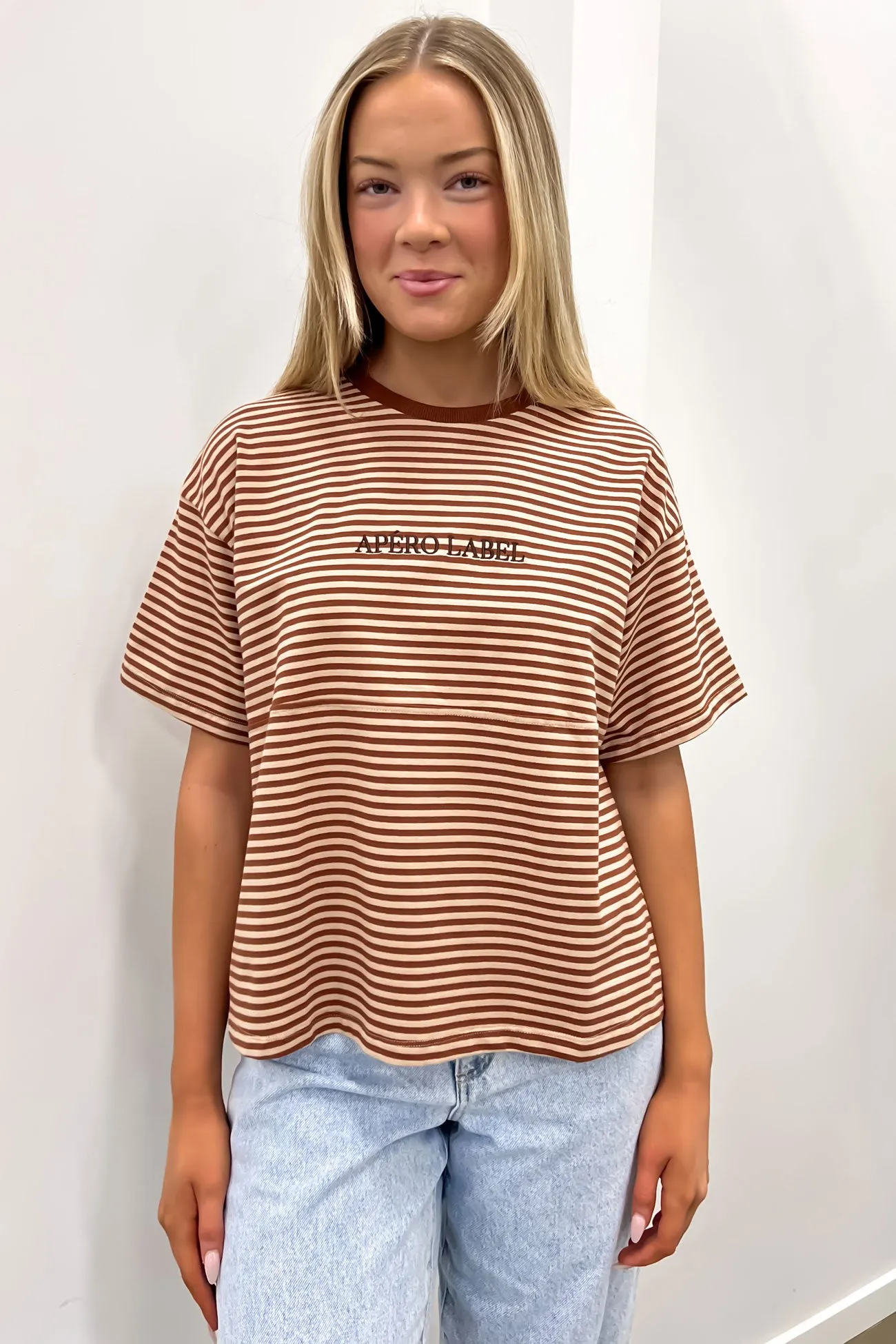 Vintage Drop-Shoulder Cropped Tee Brown Tan Stripe