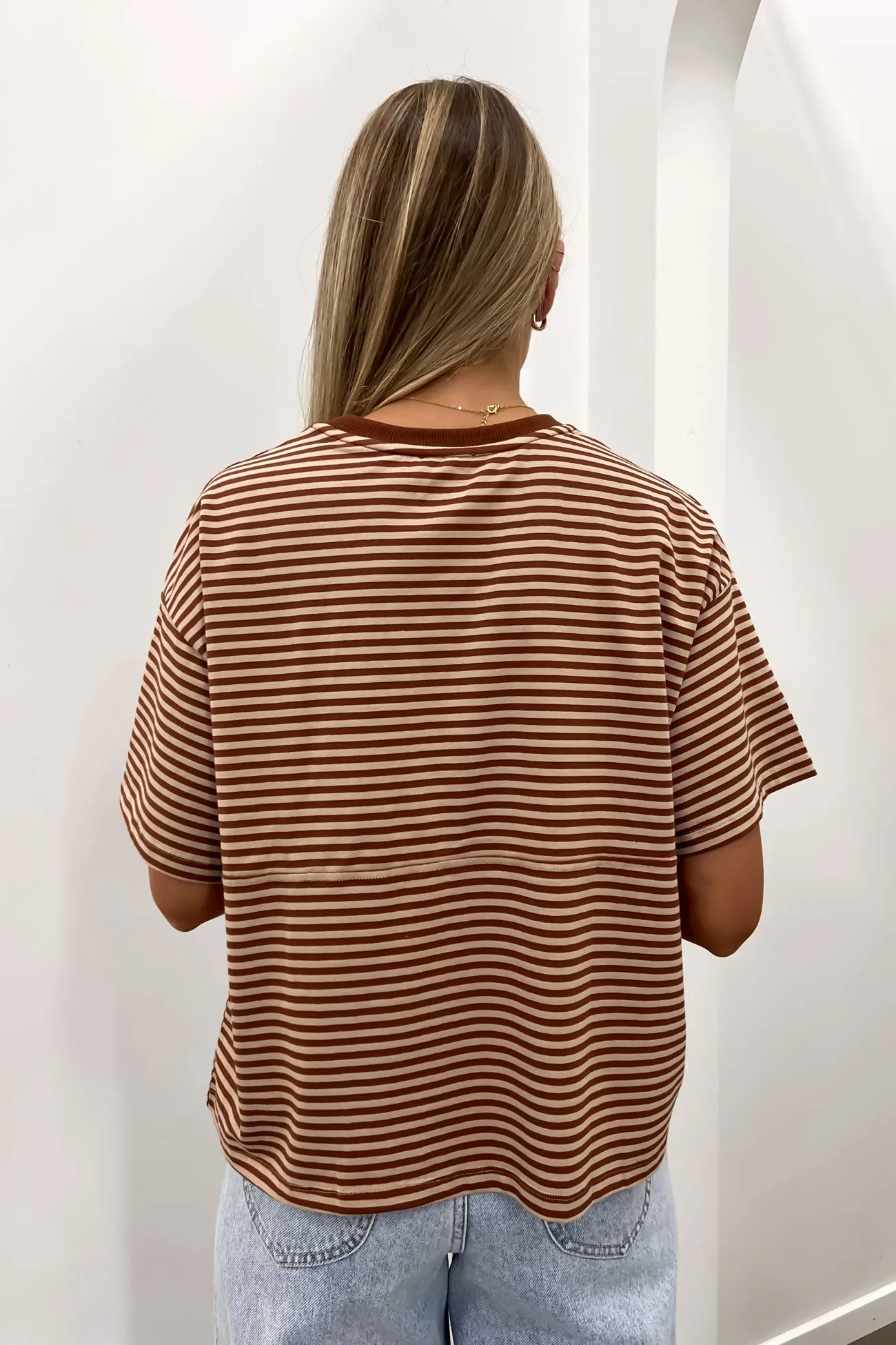 Vintage Drop-Shoulder Cropped Tee Brown Tan Stripe