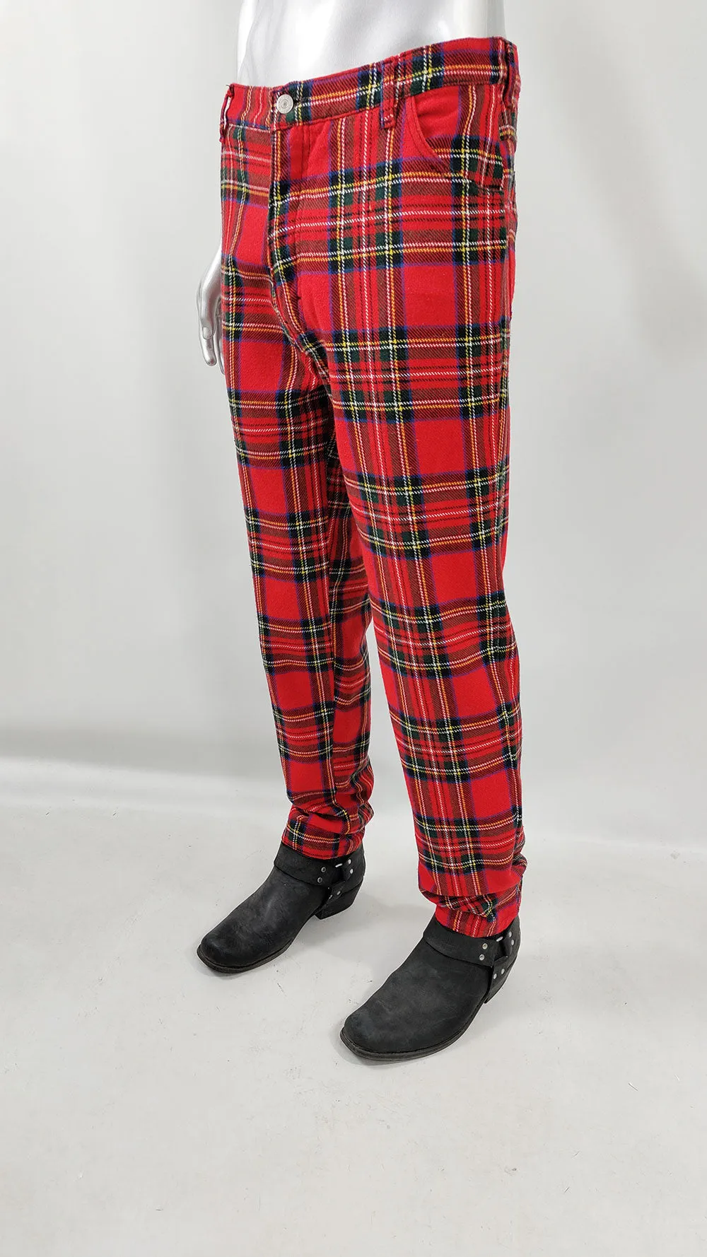 Vintage Mens Red Tartan Punk Trousers, 1980s