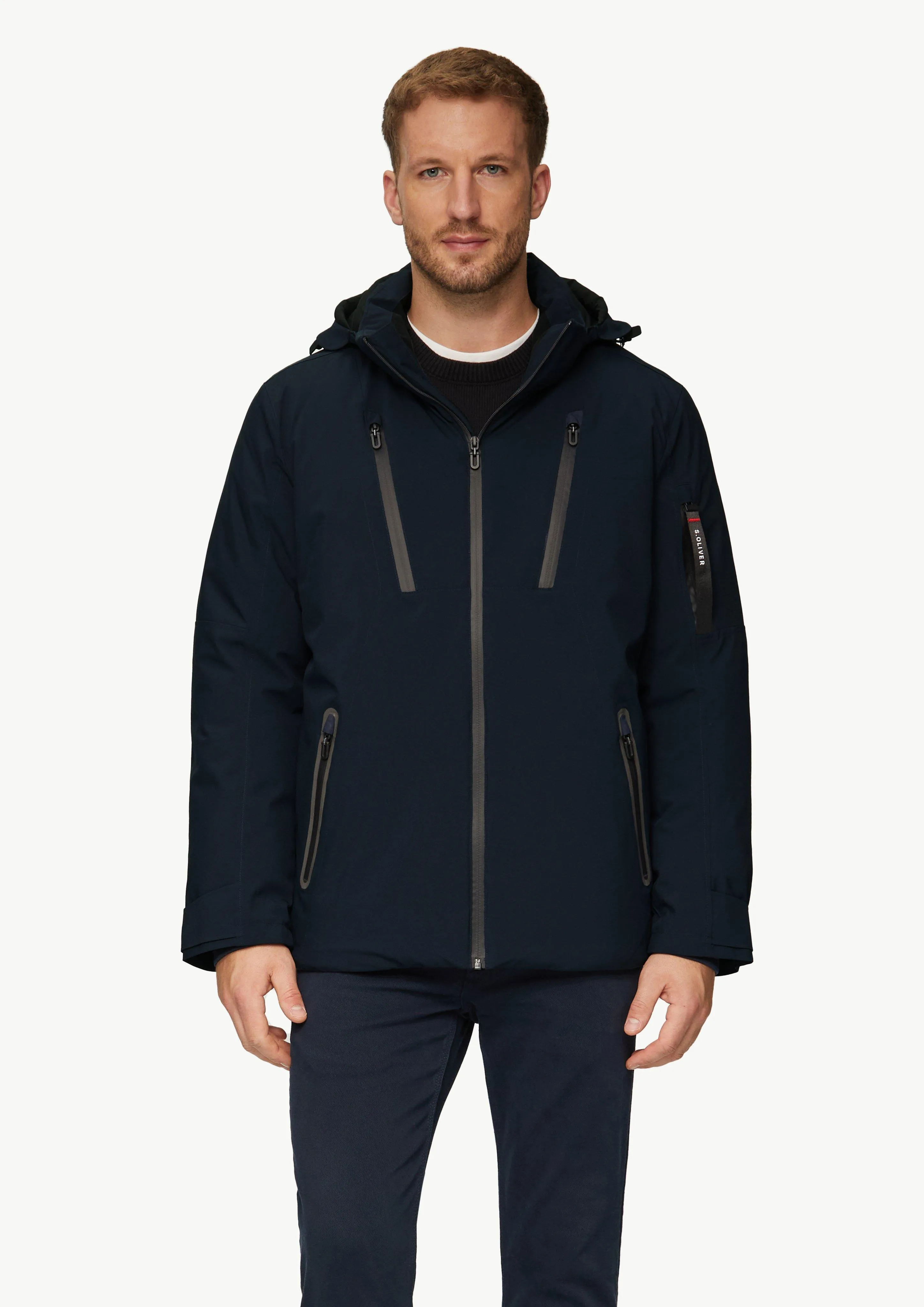 Water-resistant jacket with a hood and zip details