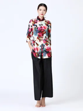 Wide-Leg  Stretch Gambiered Guangdong Silk Trousers