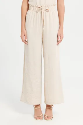 Women Cream Elasticated Waist Draw Wide Leg Trousers