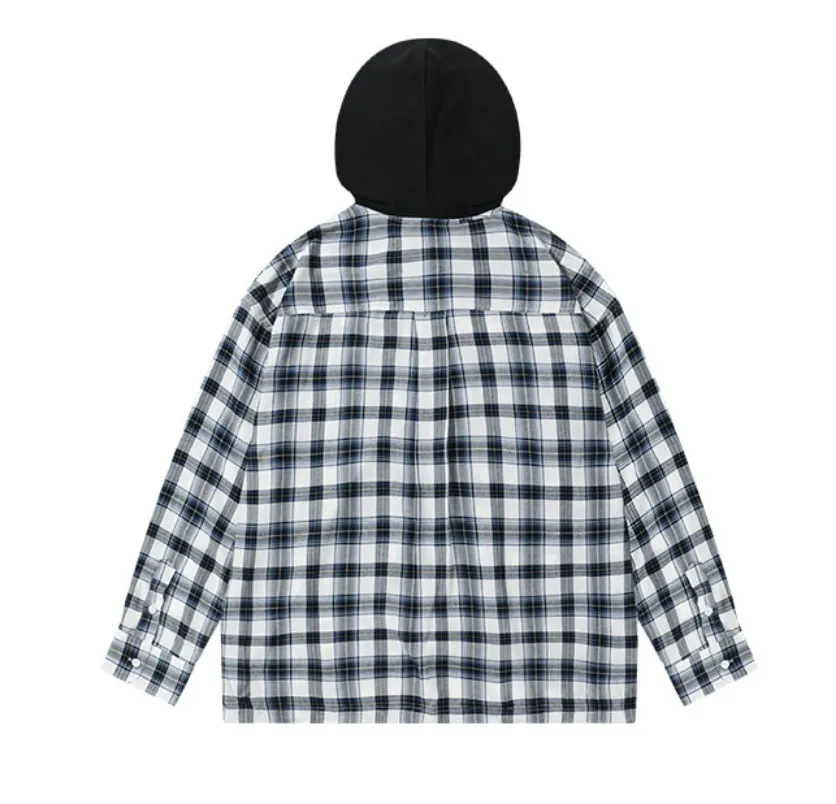 Over-fit check hood shirt by WOOALONG