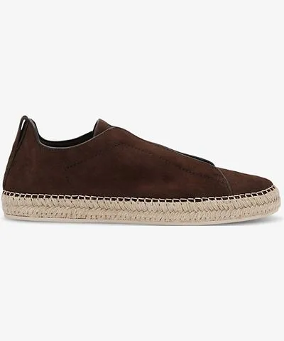 Zegna Mens Dark Brown Triple Stitch suede espadrilles